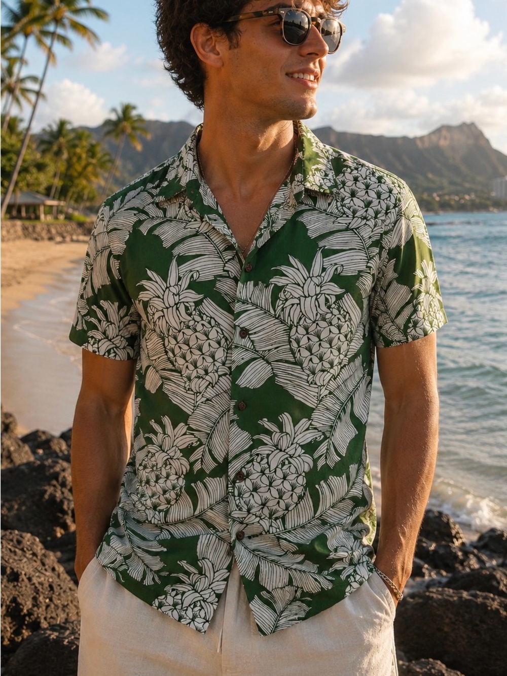 Men’s Aloha Republic Hawaiian Shirt 🌴 Green Pineapple Print Size Small